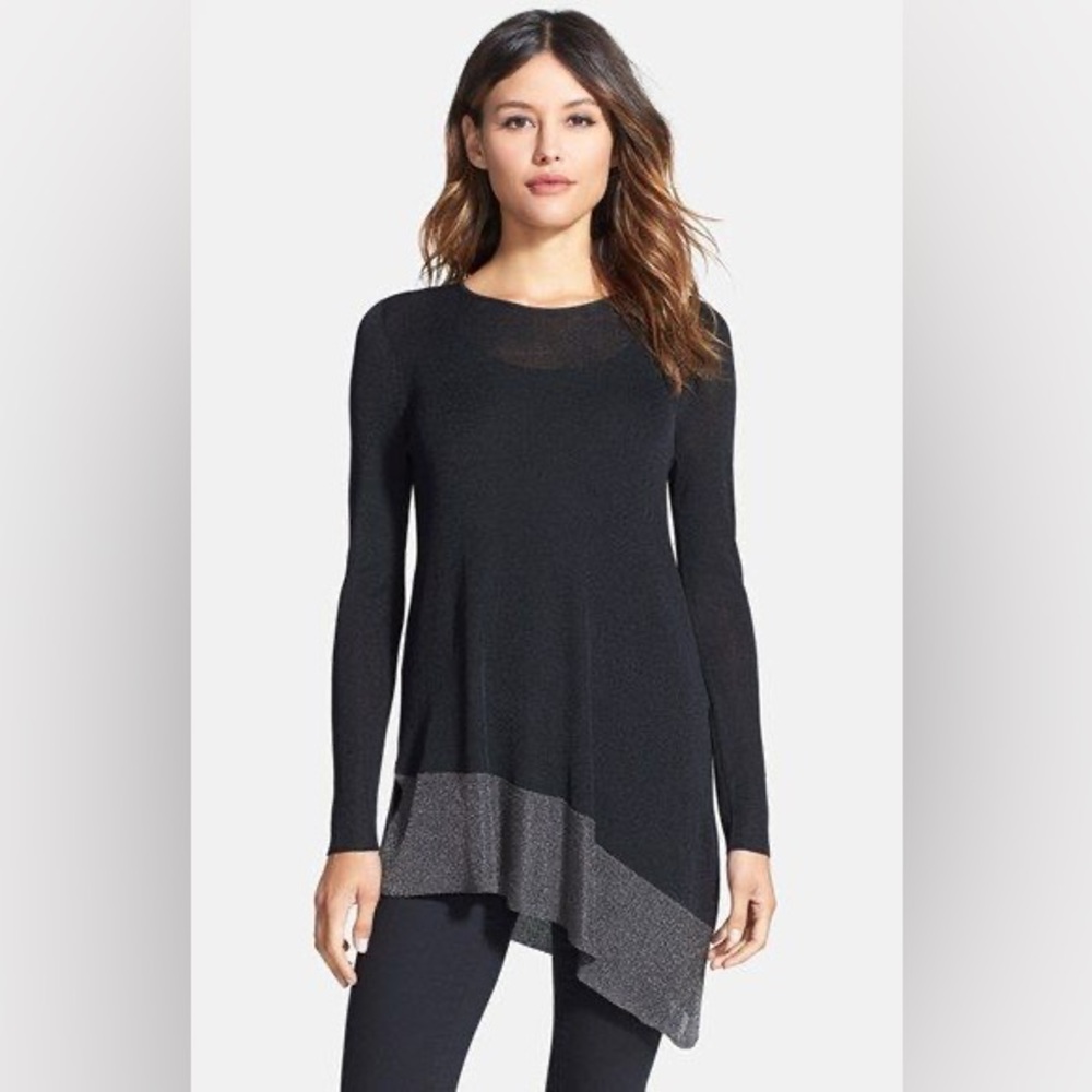 EILEEN FISHER Asymmetrical Black Tunic With Metallic Silver Bottom